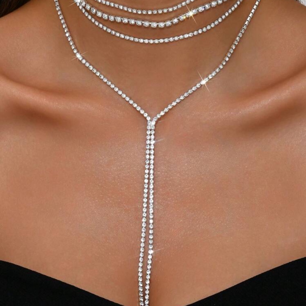Elegant Silver Necklace Silver Layered Necklace Silver Rhinestone Necklace